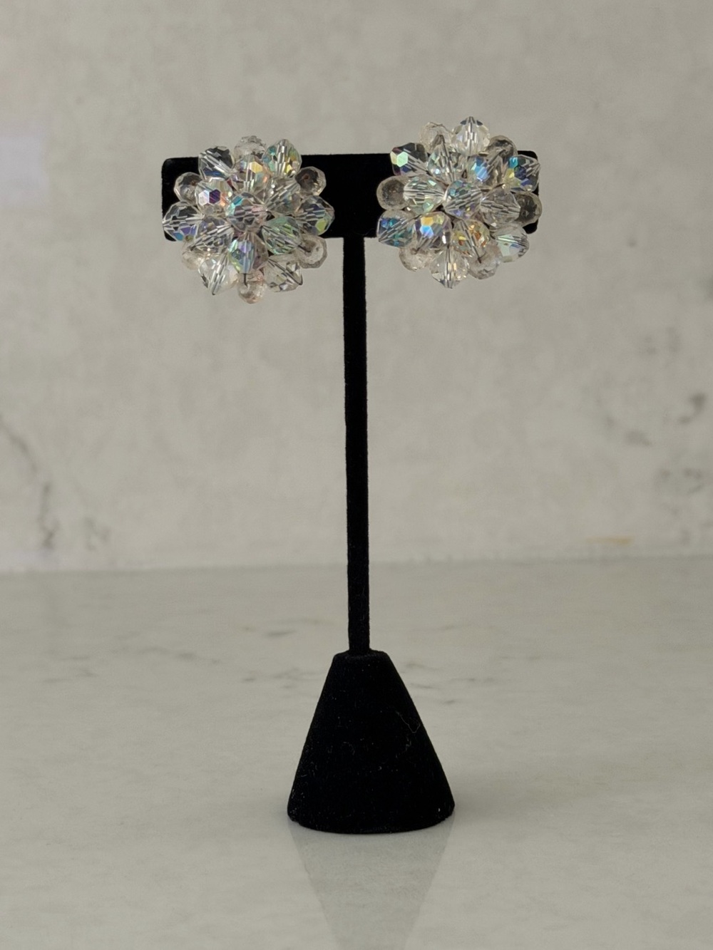 Vintage AB Crystal Cluster Clip On Earrings